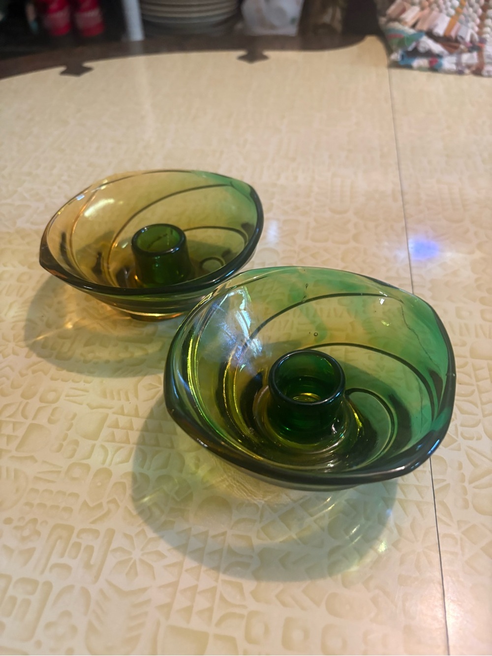 Vintage Green Swirl Glass Candle Holders - Pair